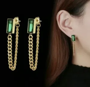 Authentic Gold Plated Stud Earrings With Dangling Chain Lock And Green Color CZ For Women