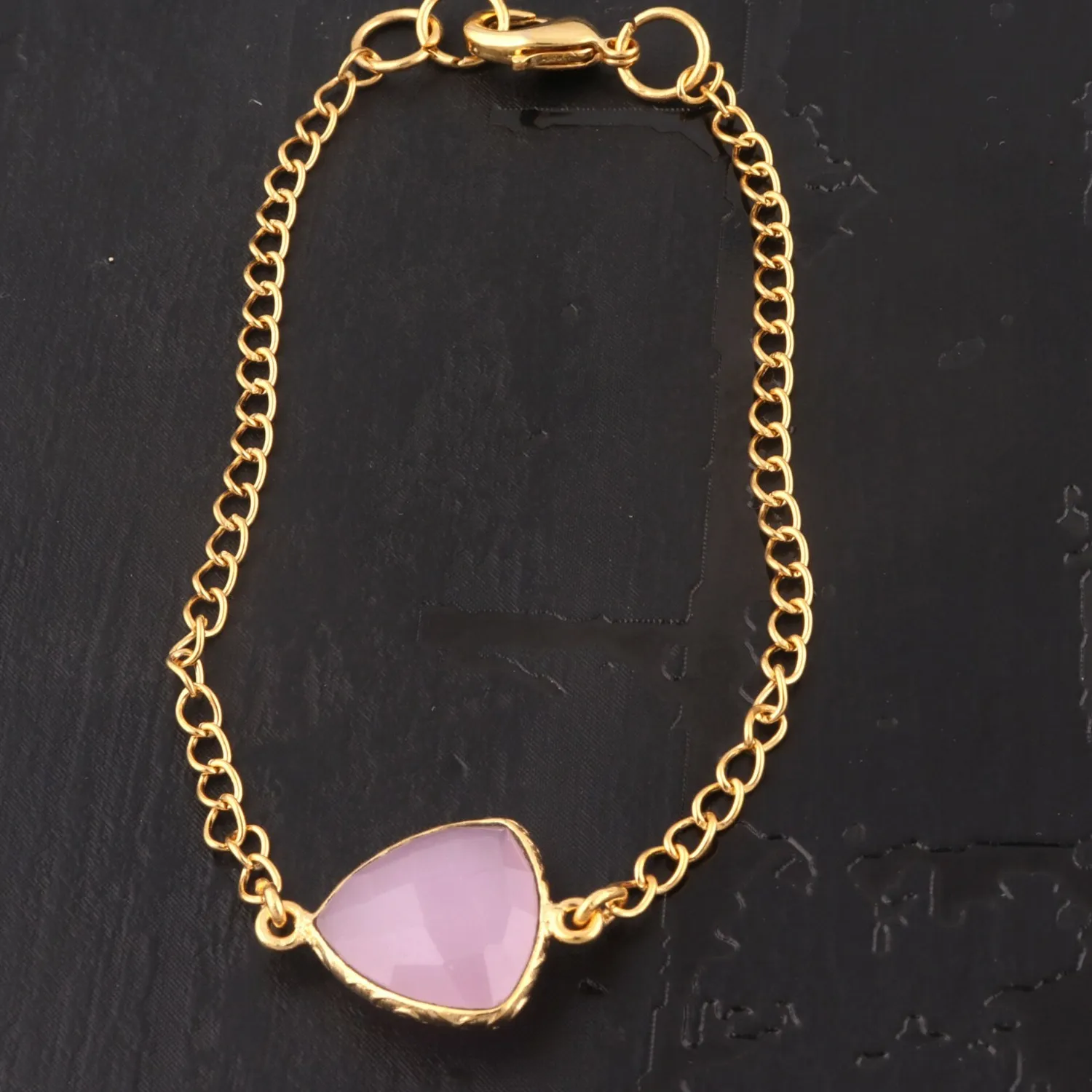 Authentic Pink Chalcedony Trillion Shape Gold Plated Clasp Lock Chain Gemstone Bracelet 