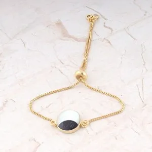 Authentic Stunning Black Sunstone MOP CZ Quartz 24K Gold Plated Slider Lock Chain Bracelet
