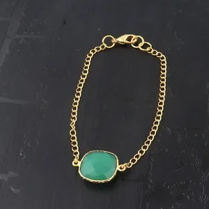 Authentic Briolette Cut Green Chalcedony Gold Plated Clasp Lock Chain Handmade Bracelet 