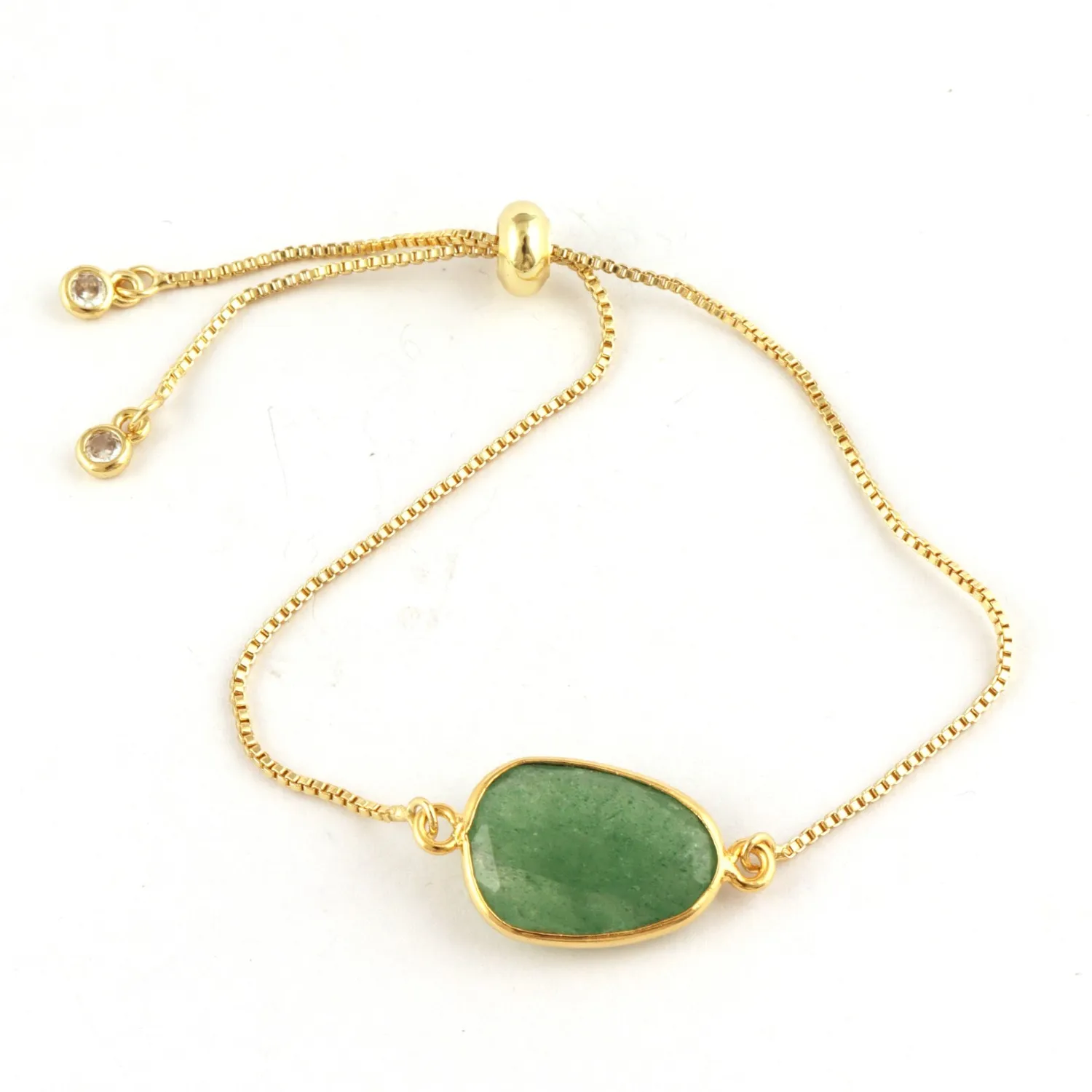 Authentic Green Strawberry Quartz CZ Quartz Yellow Gold Plated Slider Lock Chain Bracelets