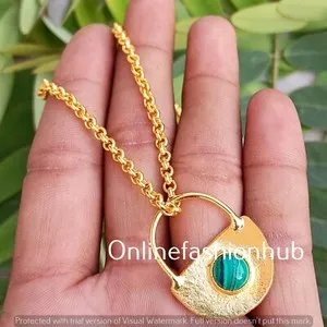 Authentic Gift Malachite Gemstone Yellow Gold Plated Handmade Lock 1 PC Pendant With Chain