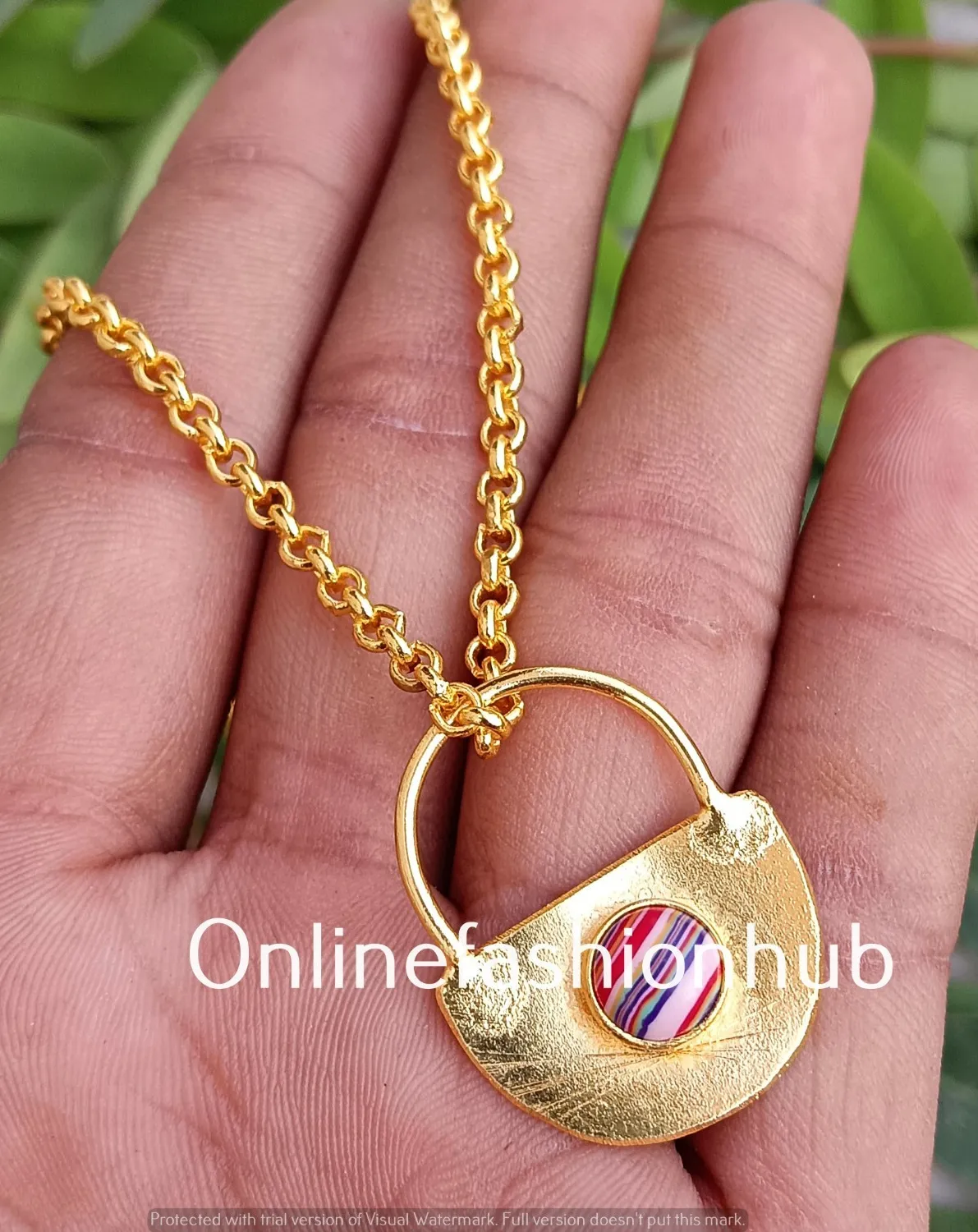 Authentic Red Calsilica Gemstone Yellow Gold Plated Handmade Lock 1 PC Pendant With Chain