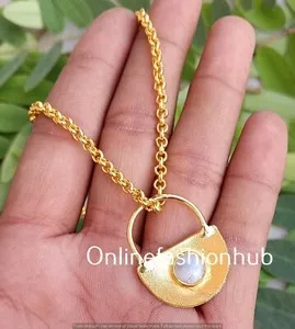 Authentic Attractive Moonstone Gemstone Yellow Gold Plated Lock 1PC Pendant With Chain