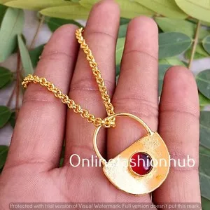 Authentic New Sale Garnet Gemstone Yellow Gold Plated Lock Handmade 1PC Pendant With Chain