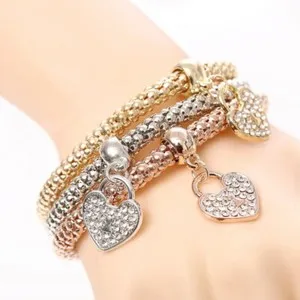 Authentic 3-Piece Gold-Plated Crystal Love Heart Charm Bracelet Set - Unlocking Love's Embrace