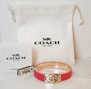 Authentic Coach Pink Gold Hinged Bracelet Bangle Turn-lock, Gold Plated Loganberry Leather