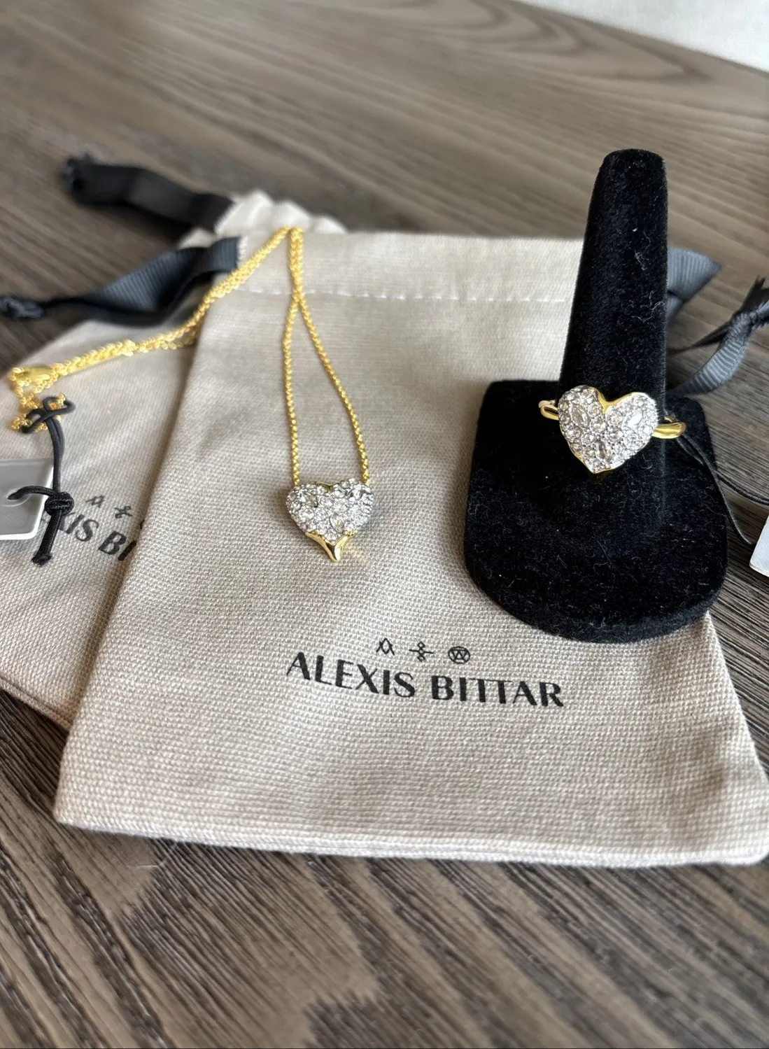 Authentic Alexis Bittar Solanales Gold Plated Pave Crystal Heart Ring 8 & Necklace 18”