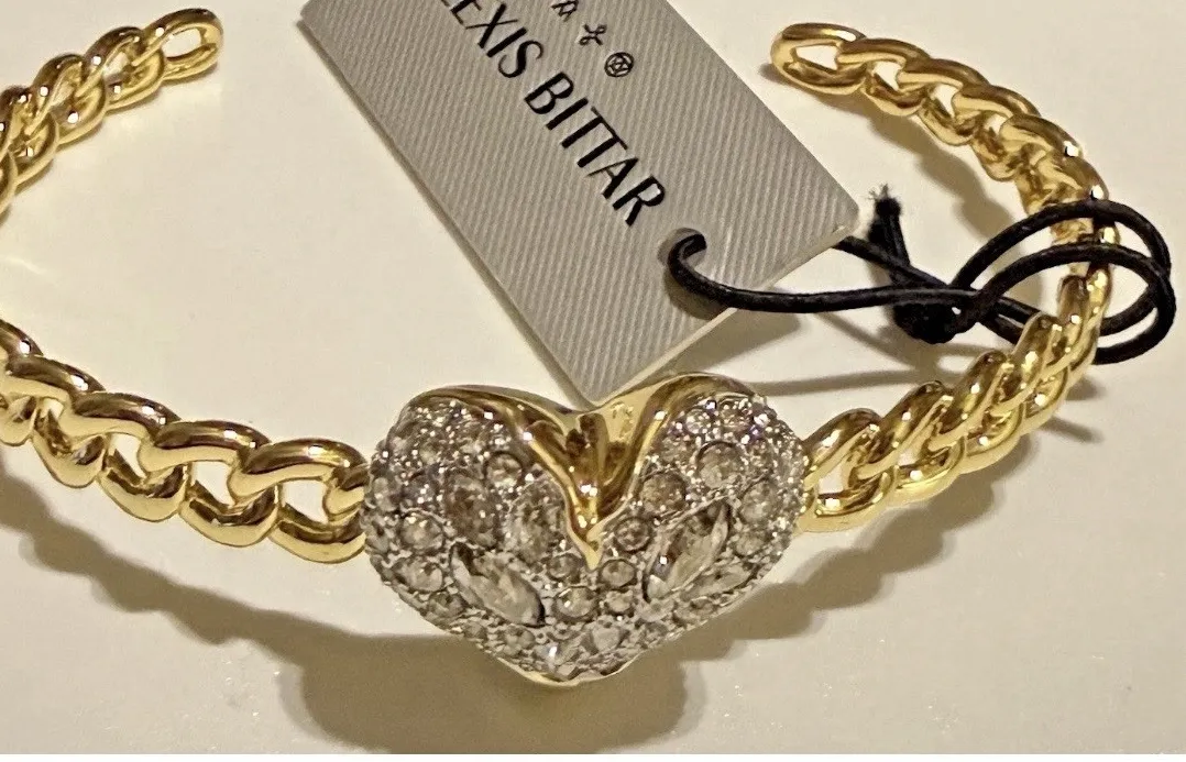 Authentic Alexis Bittar Solanales Crystal Heart Macrame Cuff Bracelet Gold Plated NWT
