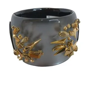 Authentic Alexis Bittar Studded Grey Lucite Cuff Gold Plated Spike Hinged Bangle Bracelet