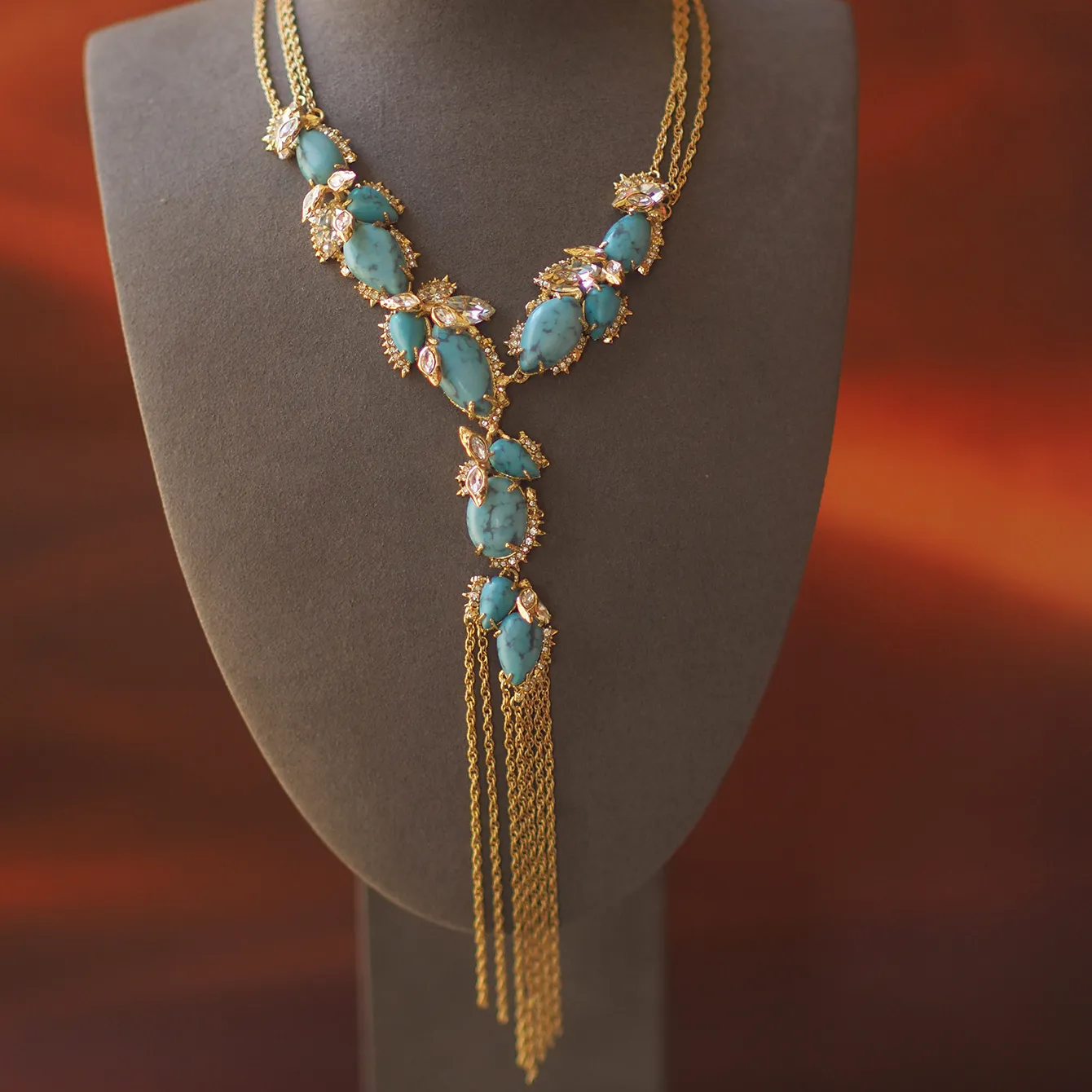 Authentic Alexis B Turquoise Tassel Necklace Vintage 18K Gold Filled Teardrop Green Gemstone Multi-layers Long Sweater Rope Chain Jewelry