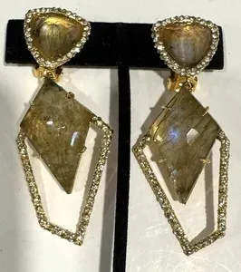Authentic Alexis Bittar Clip Drop Earrings- Green Stones Pave Crystals-gold Plated Setting