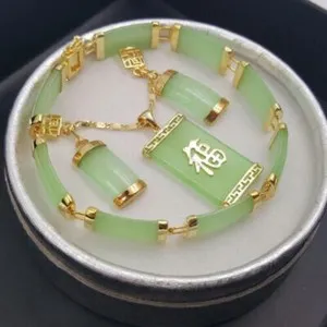 Authentic Jewelry Set Jade 18K Gold Plated Pendant Necklace Bracelet Earrings Lucky Party