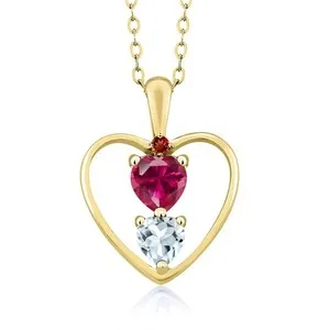 Authentic 18K Yellow Gold Plated Silver Created Ruby Aquamarine and Garnet Pendant