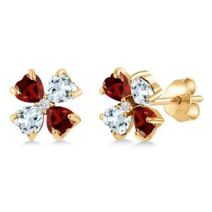 Authentic 2.35 Ct Red Garnet Sky Blue Aquamarine 18K Yellow Gold Plated Silver Earrings