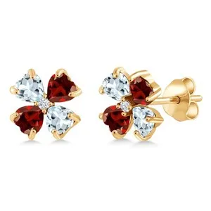 Authentic 2.35 Ct Sky Blue Aquamarine Red Garnet 18K Yellow Gold Plated Silver Earrings