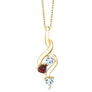 Authentic 0.83 Ct Sky Blue Aquamarine Red Garnet 18K Yellow Gold Plated Silver Pendant