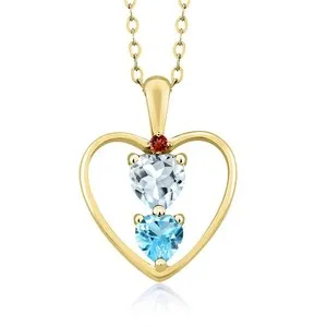 Authentic 18K Yellow Gold Plated Silver Aquamarine Swiss Blue Topaz and Garnet Pendant