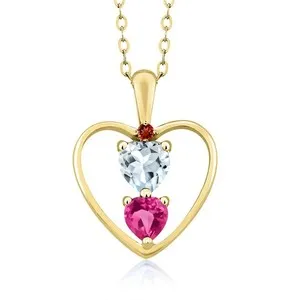 Authentic 18K Yellow Gold Plated Silver Aquamarine Pink Created Sapphire and Garnet