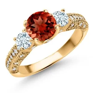 Authentic 18K Yellow Gold Plated Silver Garnet Aquamarine and White Moissanite Engagement