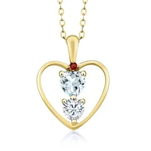 Authentic 18K Yellow Gold Plated Silver Aquamarine White Moissanite and Garnet Pendant