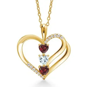 Authentic 1.01 Ct Garnet Aquamarine 18K Yellow Gold Plated Silver Pendant with Chain