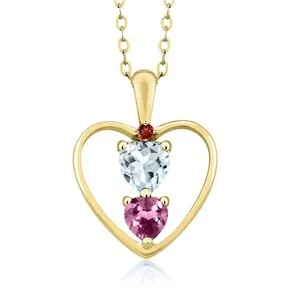 Authentic 18K Yellow Gold Plated Silver Aquamarine Pink Tourmaline and Garnet Pendant