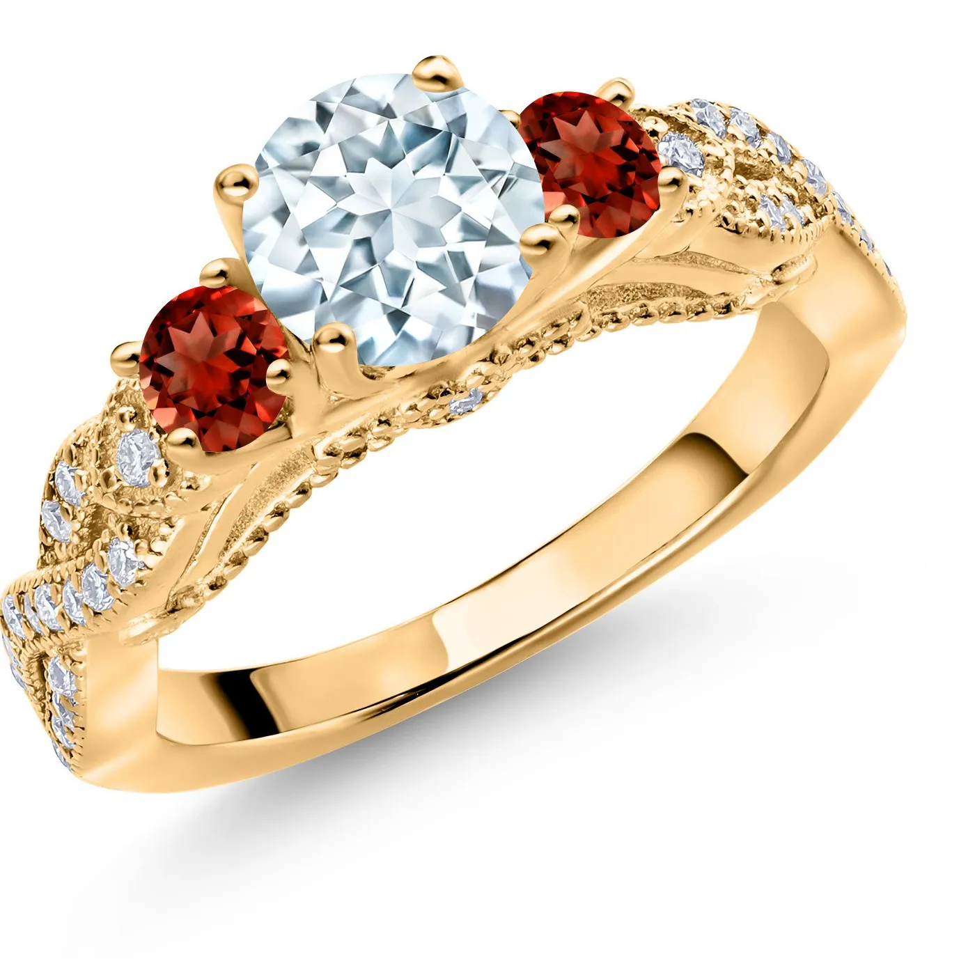 Authentic Celestial Union: 18K Gold‑Plated Silver Ring of Aquamarine, Garnet & Moissanite