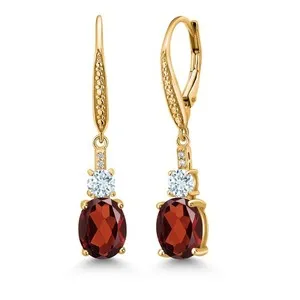 Authentic 18K Yellow Gold Plated Silver Garnet and Aquamarine Dangle Earrings for Women