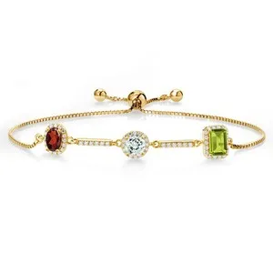 Authentic 2.00 Ct  Red Garnet Sky Blue Aquamarine 18K Yellow Gold Plated Silver Bracelet