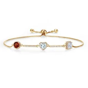 Authentic 2.22 Ct Red Garnet Sky Blue Aquamarine 18K Yellow Gold Plated Silver Bracelet