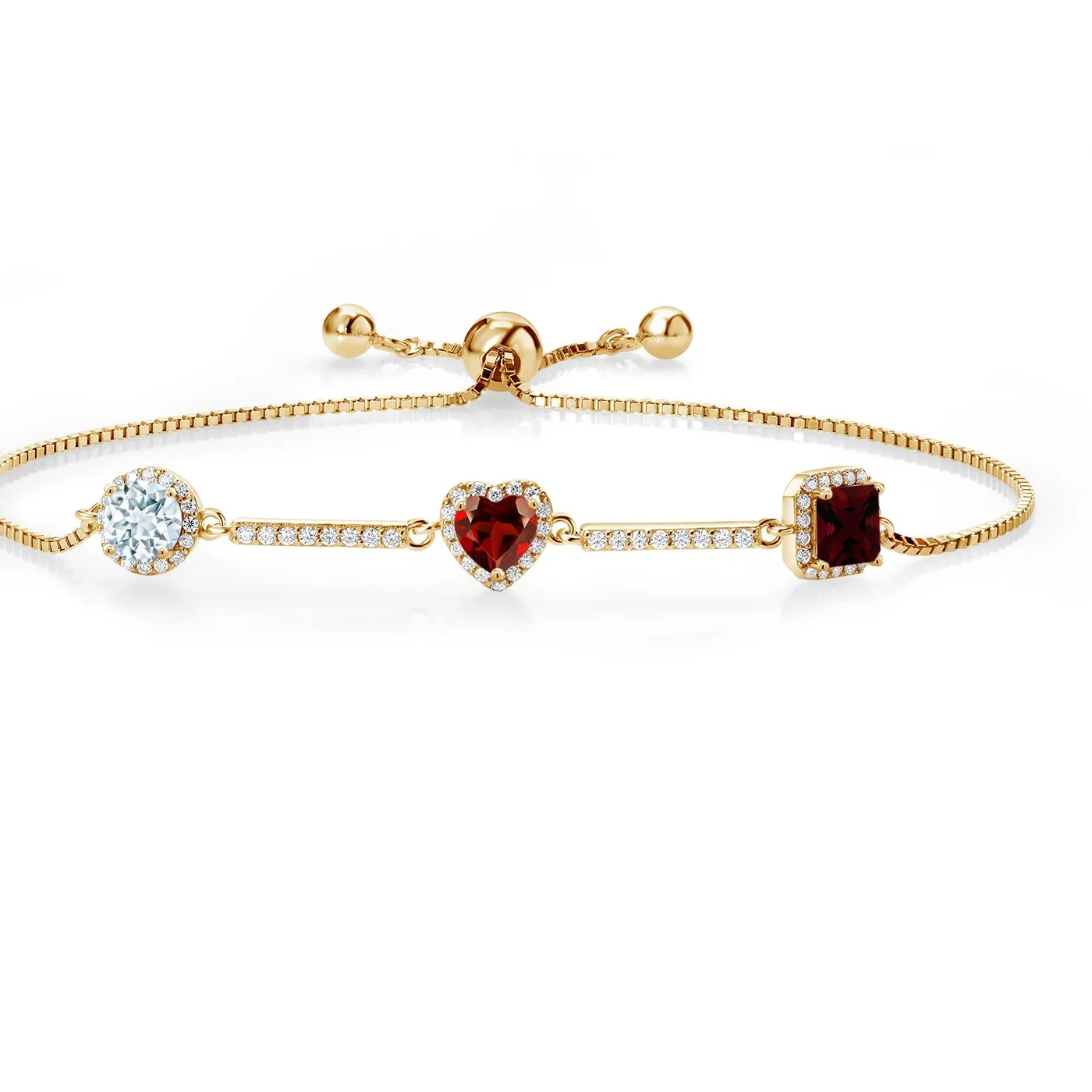 Authentic 2.02 Ct Sky Blue Aquamarine Red Garnet 18K Yellow Gold Plated Silver Bracelet