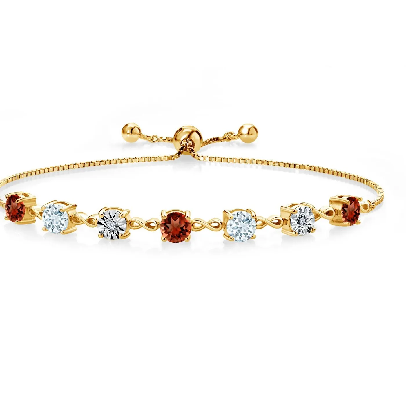Authentic 4.01 Ct Red Garnet Sky Blue Aquamarine 18K Yellow Gold Plated Silver Bracelet