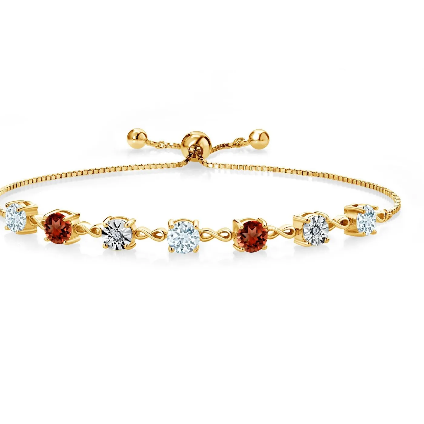 Authentic 3.51 Ct Sky Blue Aquamarine Red Garnet 18K Yellow Gold Plated Silver Bracelet