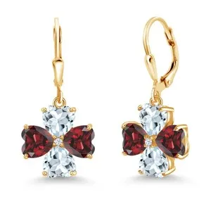 Authentic 18K Yellow Gold Plated Silver Garnet and Aquamarine Dangle Earrings For Women