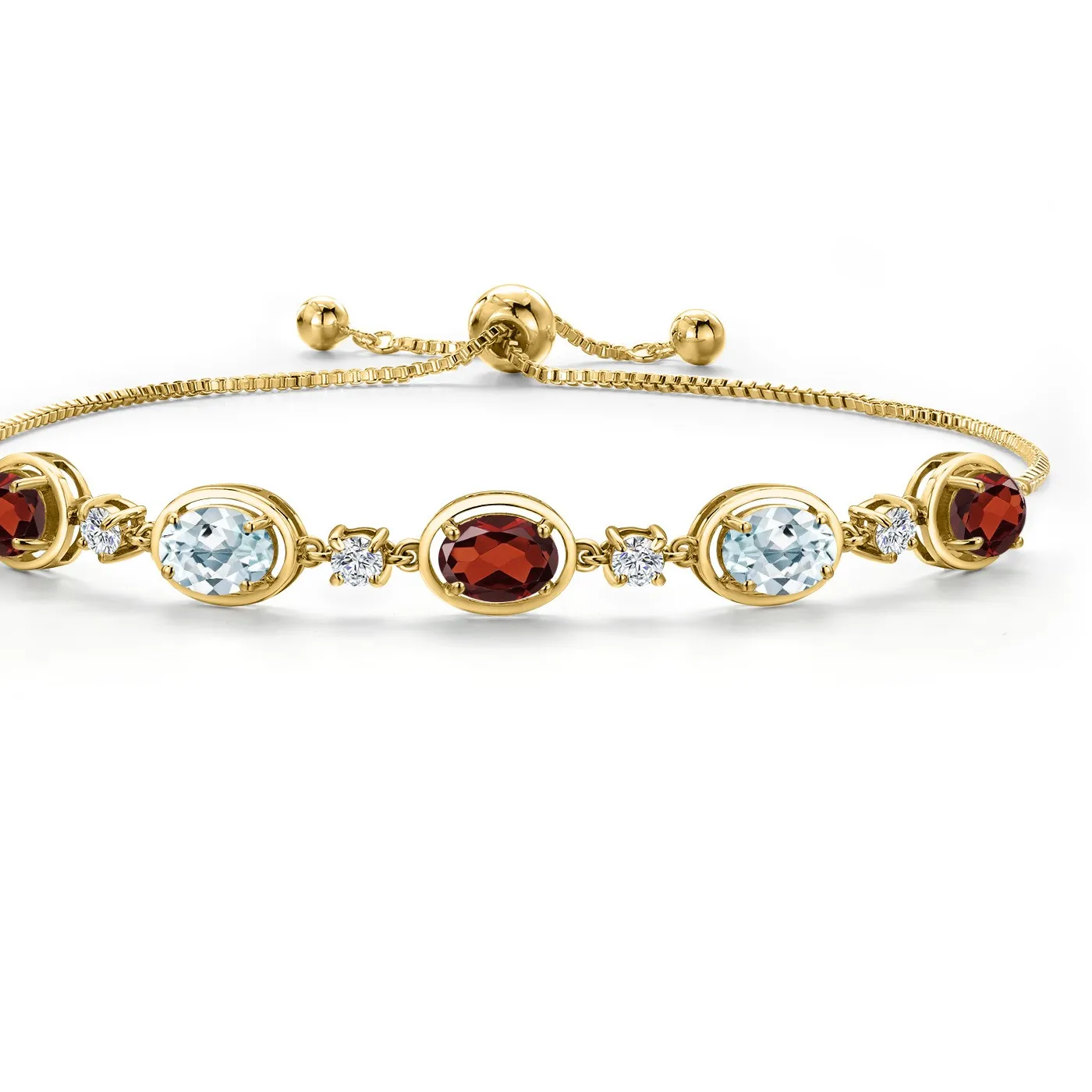 Authentic 18K Yellow Gold Plated Silver Garnet and Aquamarine Bracelet For Women | 4.11
