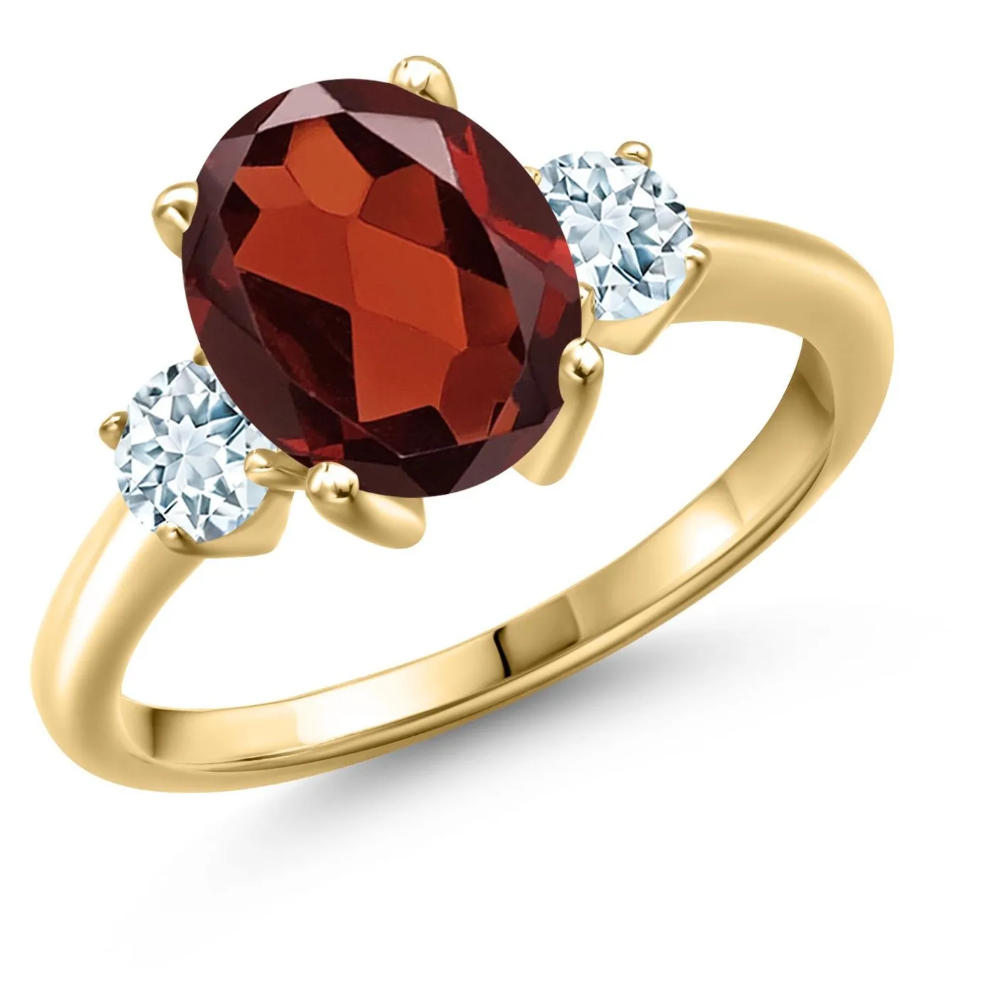 Authentic 3.30 Ct Oval Red Garnet Sky Blue Aquamarine 18K Yellow Gold Plated Silver Ring