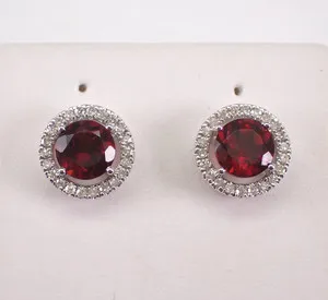 Authentic 2.00Ct Round Cut Lab Created Garnet Halo Stud Earrings 14K White Gold Plated