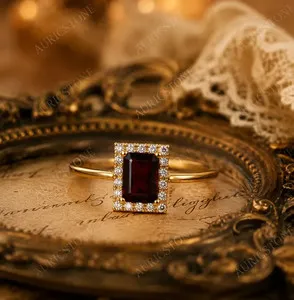 Authentic Lab Created Red Garnet Ring, Base Metal: Brass Finish: Gold Plated, Gift