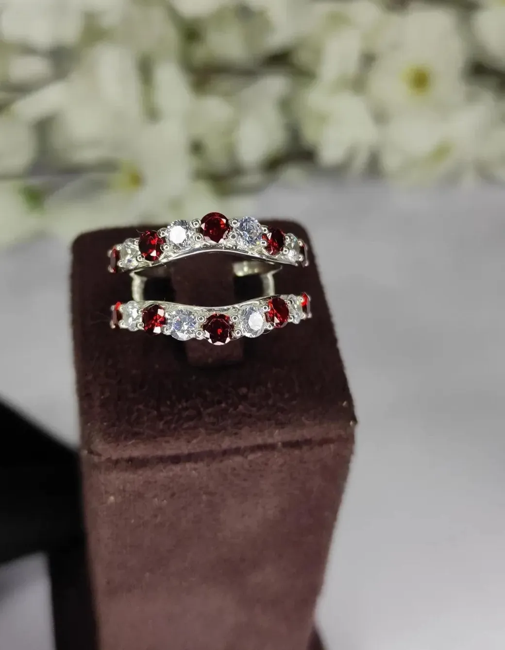 Authentic 2Ct Round Lab Created Garnet Moissanite Enhancer Band Ring 14K White Gold Plated