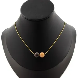 Authentic Necklace 2 Agate Pearls Bamboo Leaf 8 Mm Chain In Stainless Steel Gold Plated.