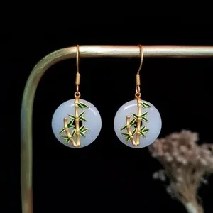 Authentic Gold Plated Bamboo Leaf Earrings Faux White Jade Peace Buckle Hanfu Qipao