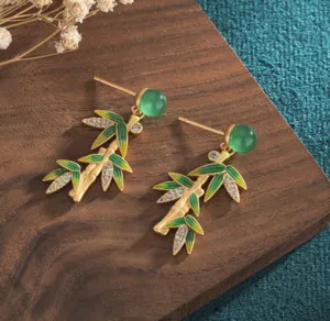 Authentic Jade Crystal Drop Earrings 18K Gold Plated Dangle Gemstone Bamboo Leaf Handmade
