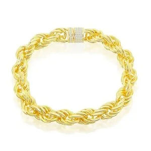 Authentic Sterling Silver Gold Plated 11mm Pave CZ Clasp Lock Men Rope Chain Bracelet 9"