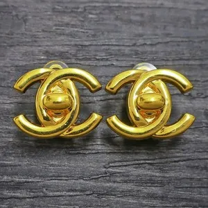 Authentic CHANEL Gold Plated CC Logos Turn Lock Vintage Clip Earrings #1246c Rise-on