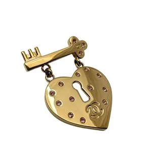Authentic CHANEL Coco Mark Heart Lock Brooch Gold Plated Pink Rhinestone Accessory