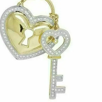 Authentic 0.50Ct LabCreated Diamond Love Heart Lock Key Charm Pendant 14K Yell Gold Plated