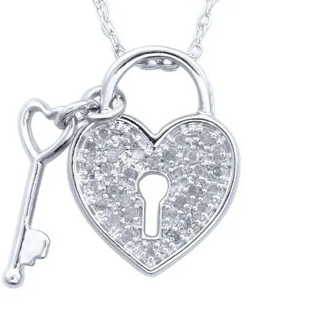 Authentic The Eternal Bond: 0.15 Cttw Diamond Lock and Key Amulet in 14K White Gold-Plated Sterling Silver