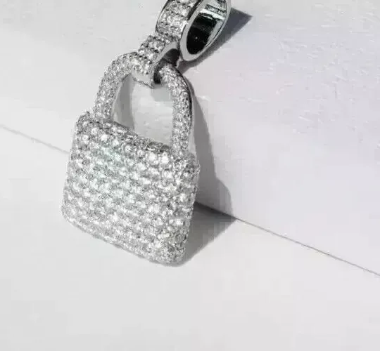 Authentic 2Ct Lab Created Diamond Men's Lock Pendant 14K White Gold Plated Free Chain 18"