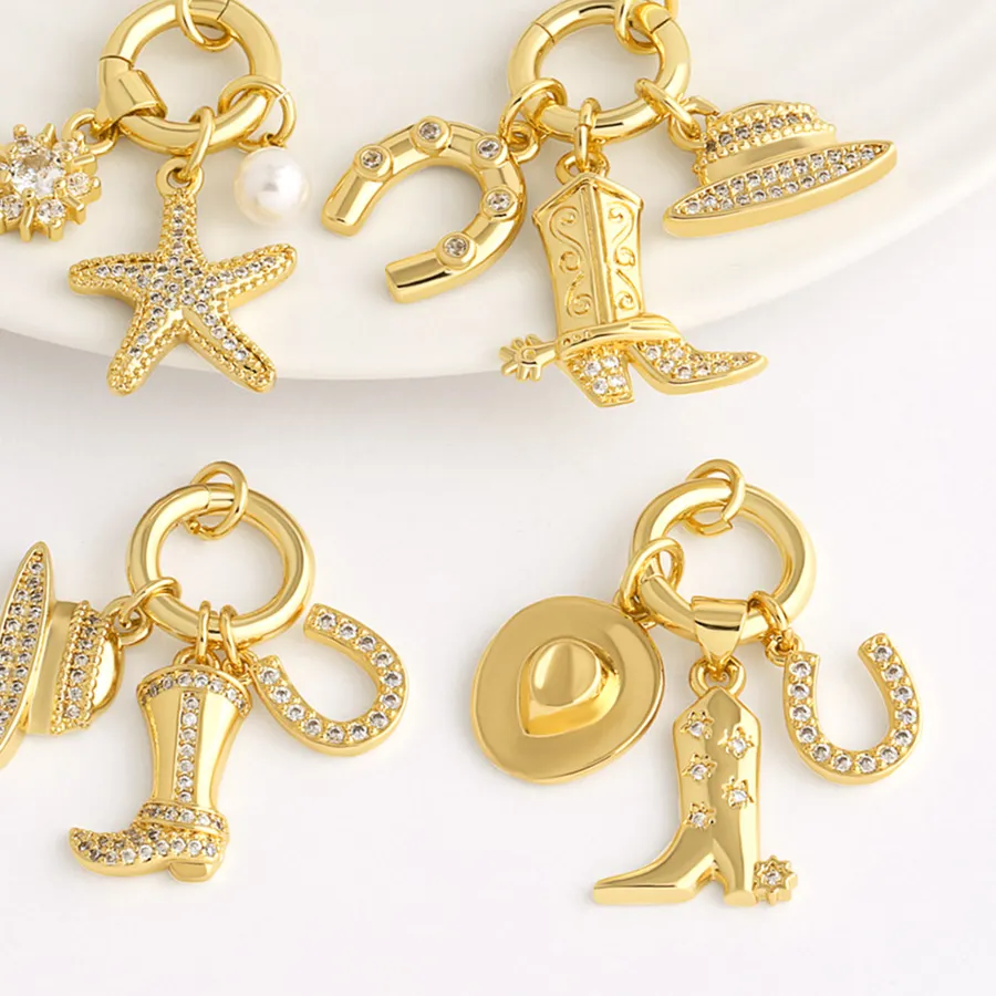 Authentic OCESRIO 3PCS White Crystal Star Boots Hat Keychain Copper Gold Plated Cowboy Hat Purse Charm Jewelry Making Supplies pdta025